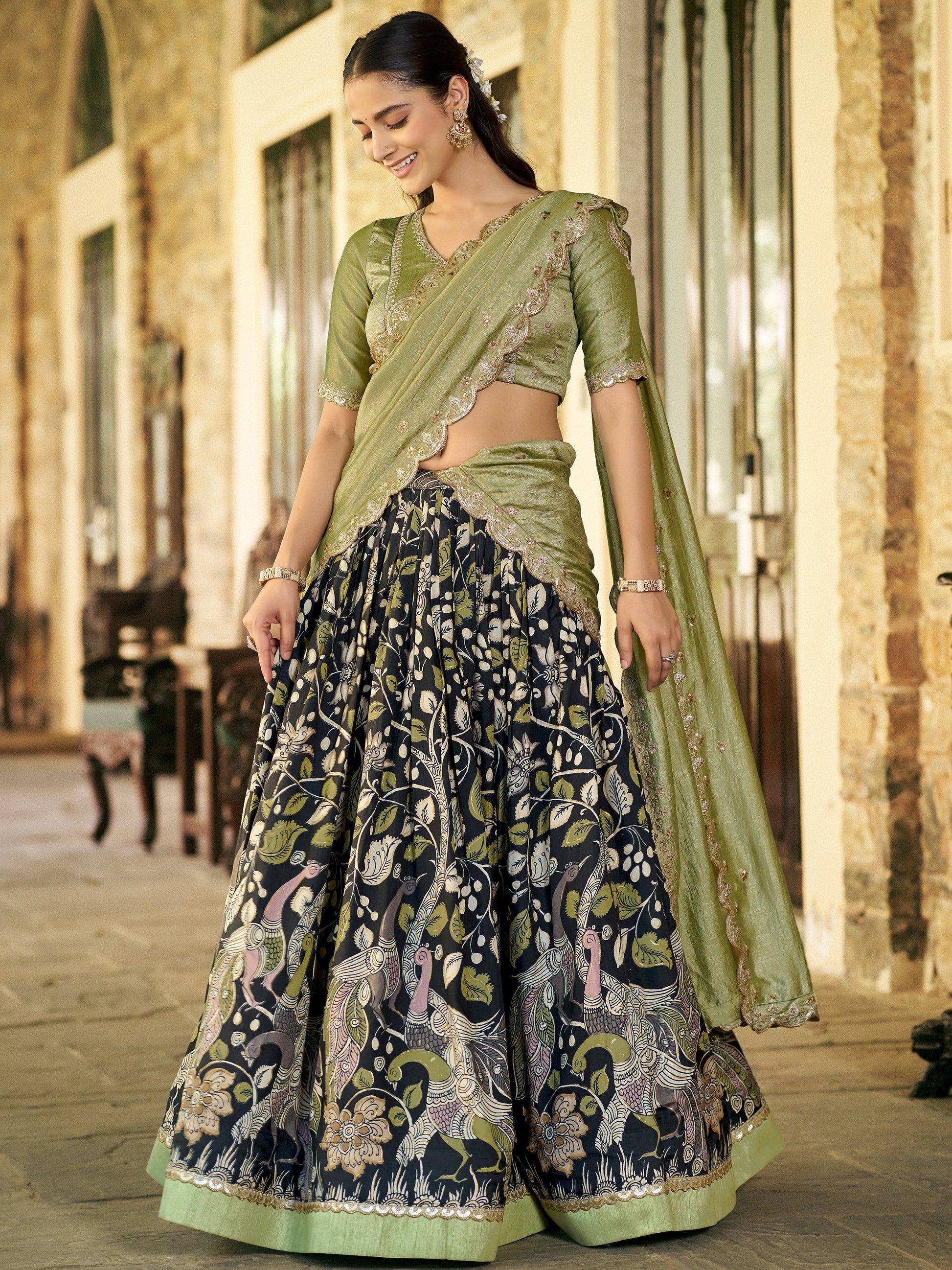 Stunning Black Kalamkari Silk Wedding Wear Lehenga Choli With Dupatta