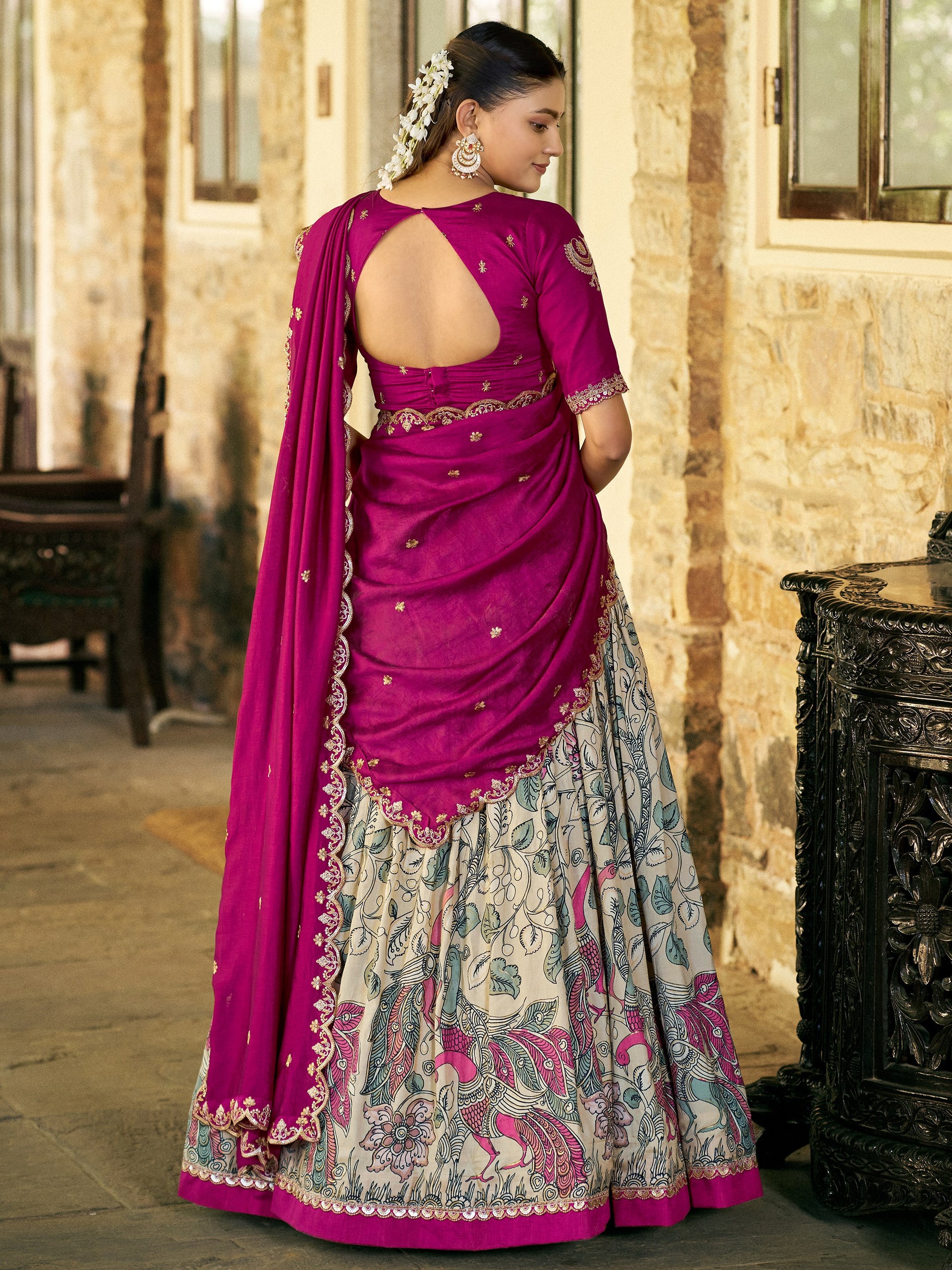 Outstanding Cream Kalamkari Silk Festival Wear Lehenga Choli With Dupatta