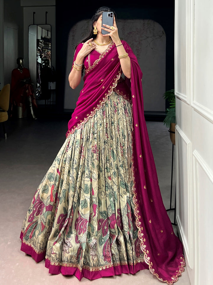 Fashionable Cream Kalamkari Silk Traditional Wear Lehenga Choli