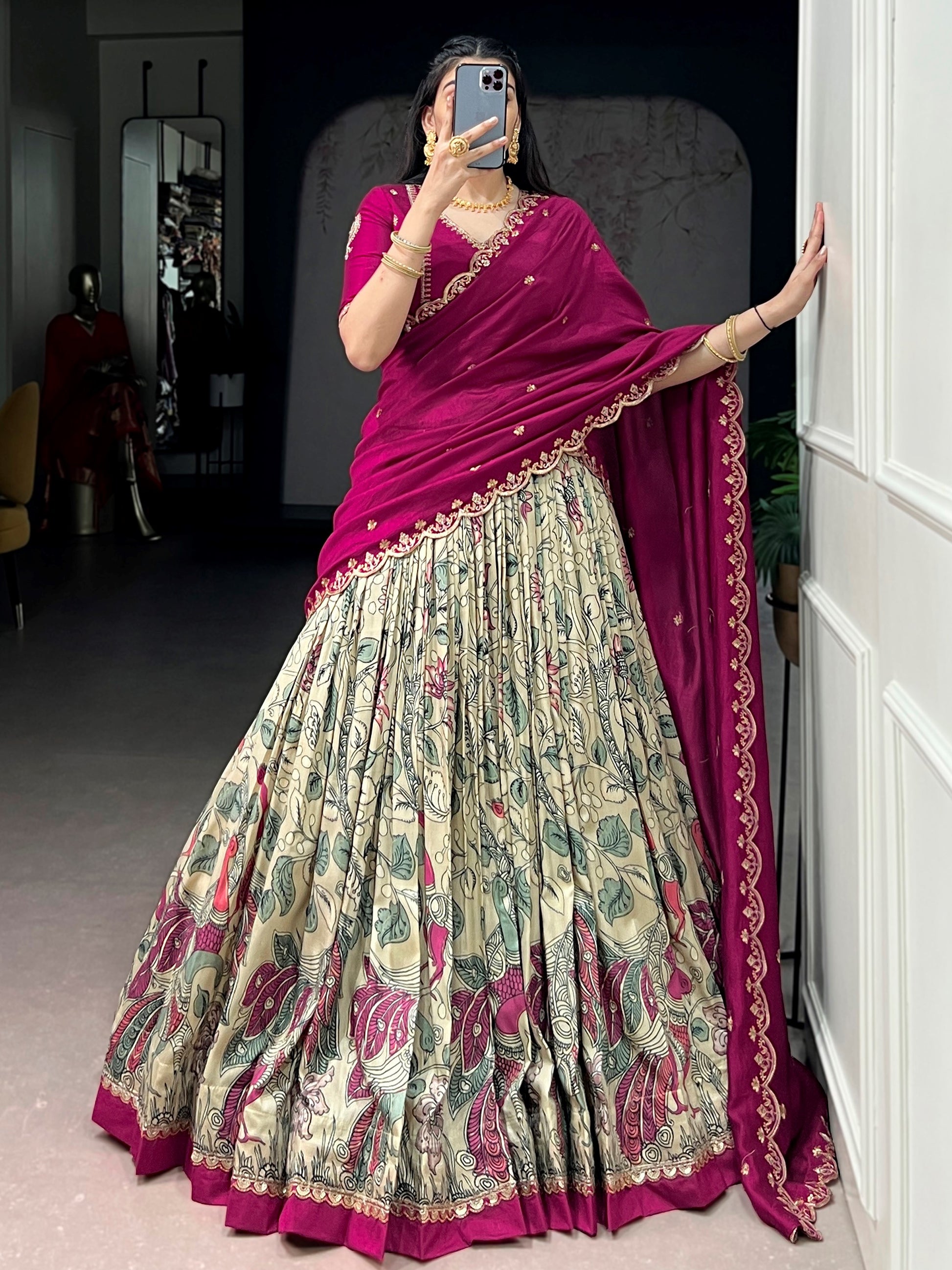 Fashionable Cream Kalamkari Silk Traditional Wear Lehenga Choli