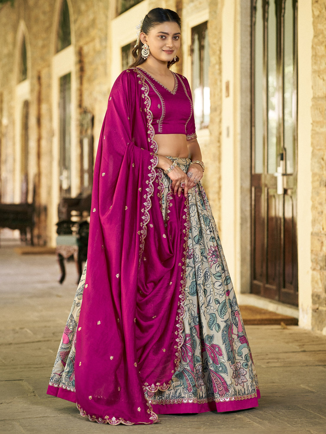 Outstanding Beige Kalamkari Silk Festival Wear Lehenga Choli With Dupatta