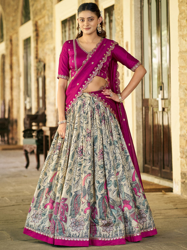 Outstanding Cream Kalamkari Silk Festival Wear Lehenga Choli With Dupatta