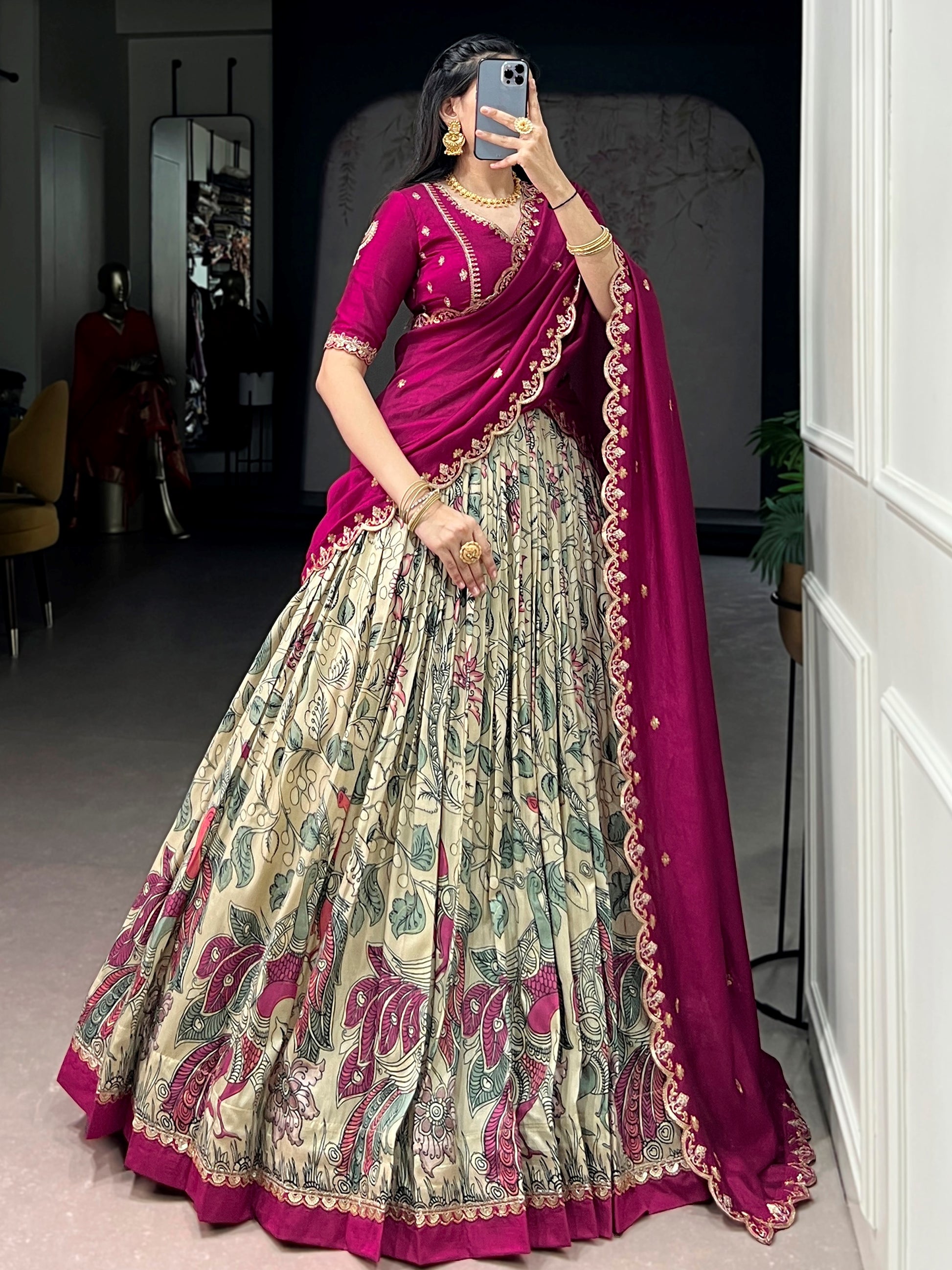 Fashionable Cream Kalamkari Silk Traditional Wear Lehenga Choli