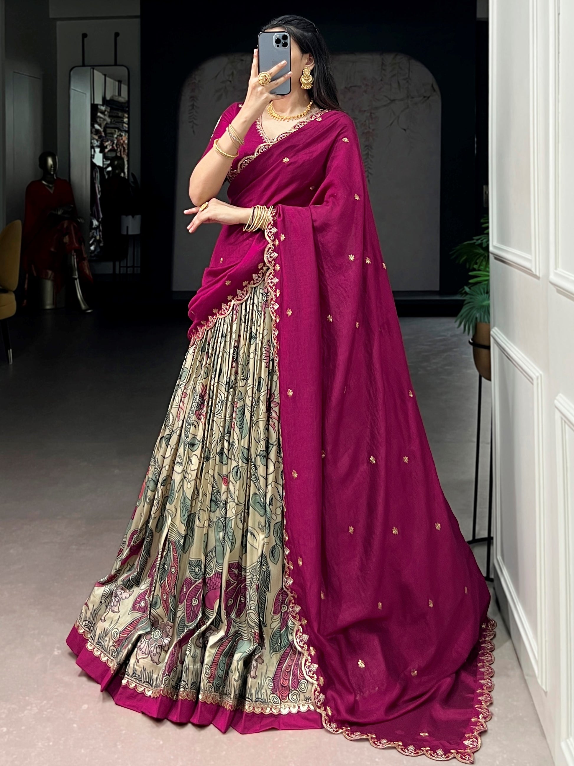 Fashionable Cream Kalamkari Silk Traditional Wear Lehenga Choli