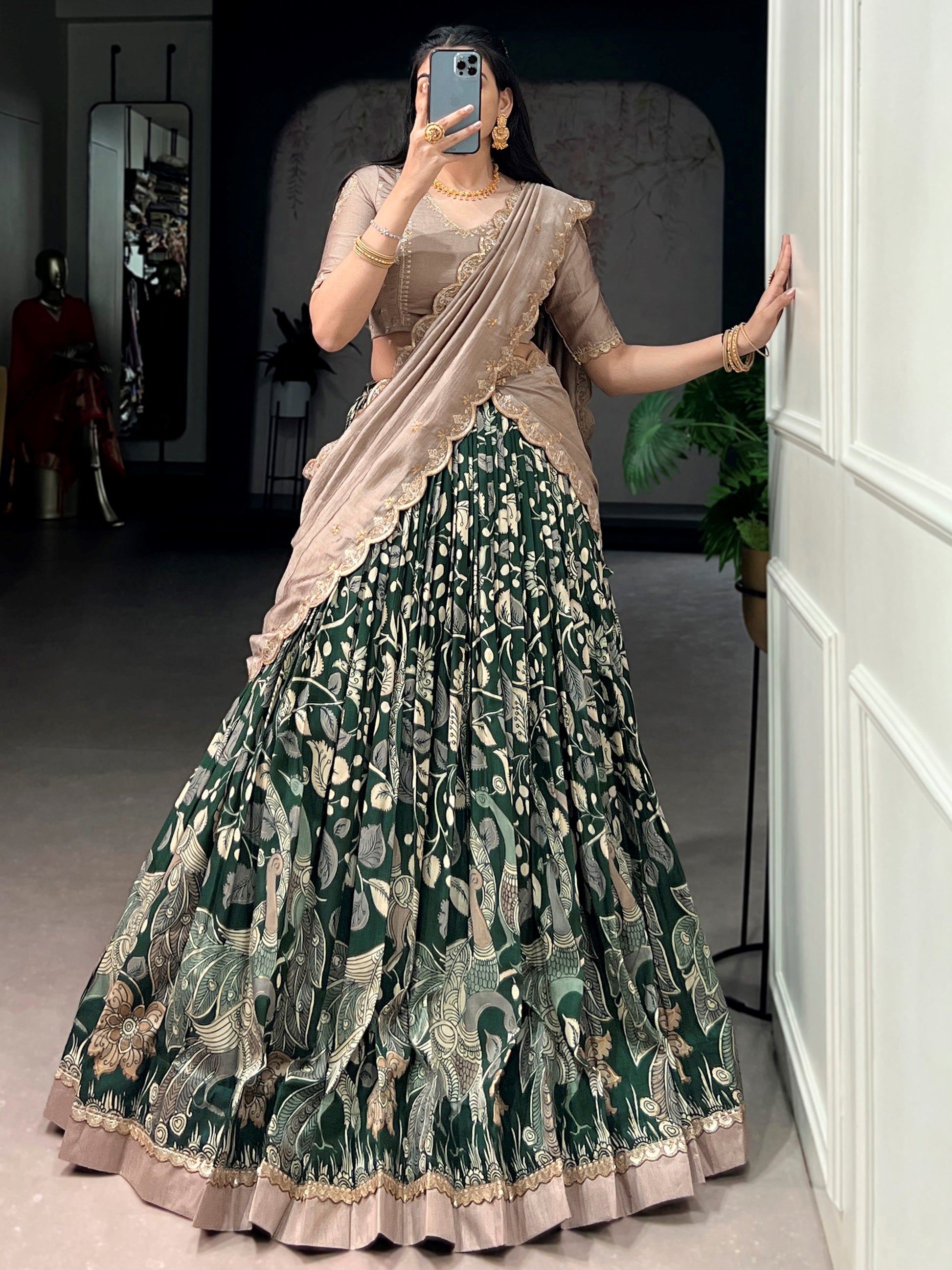 Outstanding Green Kalamkari Silk Wedding Wear Lehenga Choli