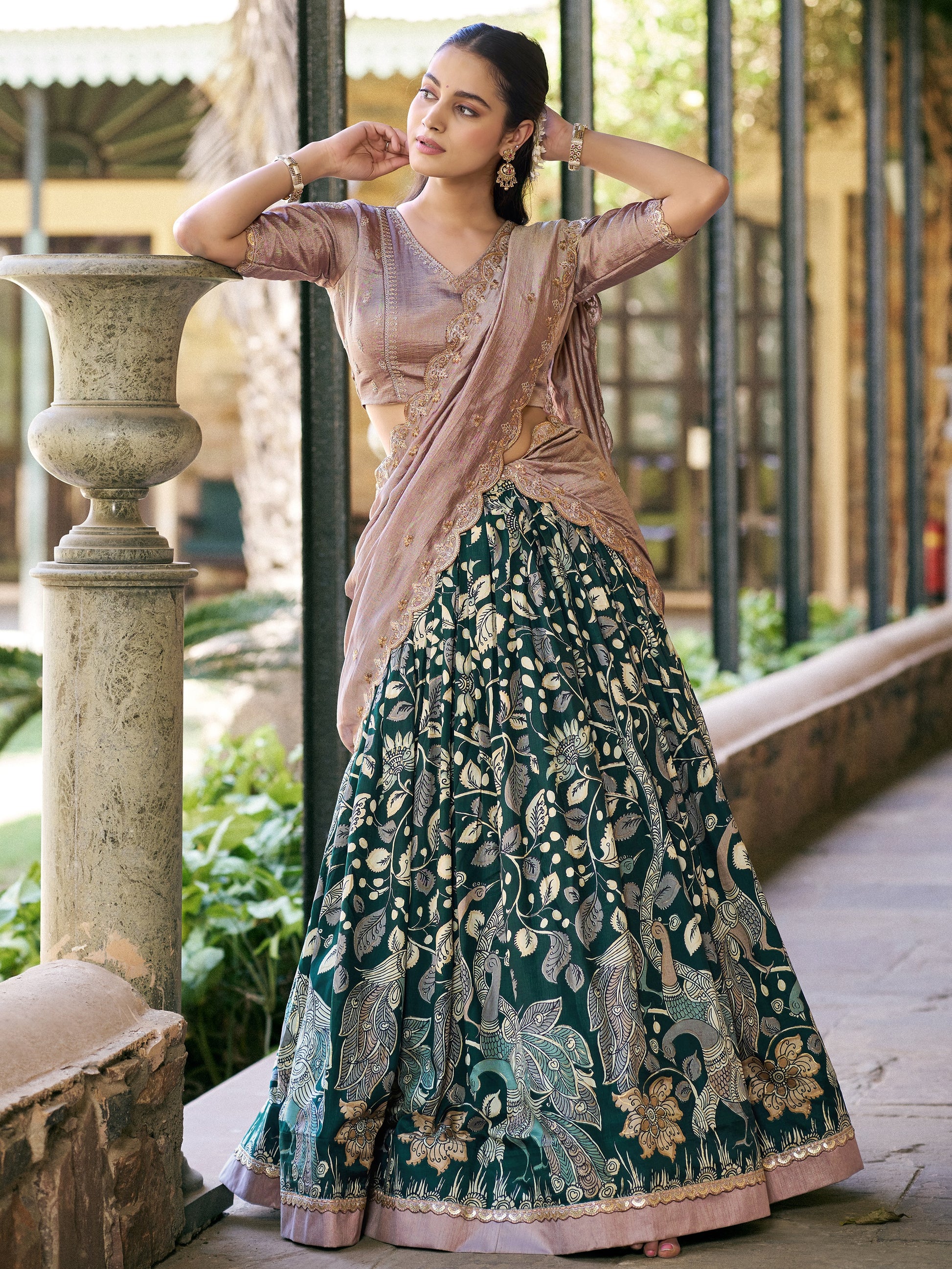 Glowing Dark Green Floral Printed Silk Function  Wear Lehenga Choli With Dupatta