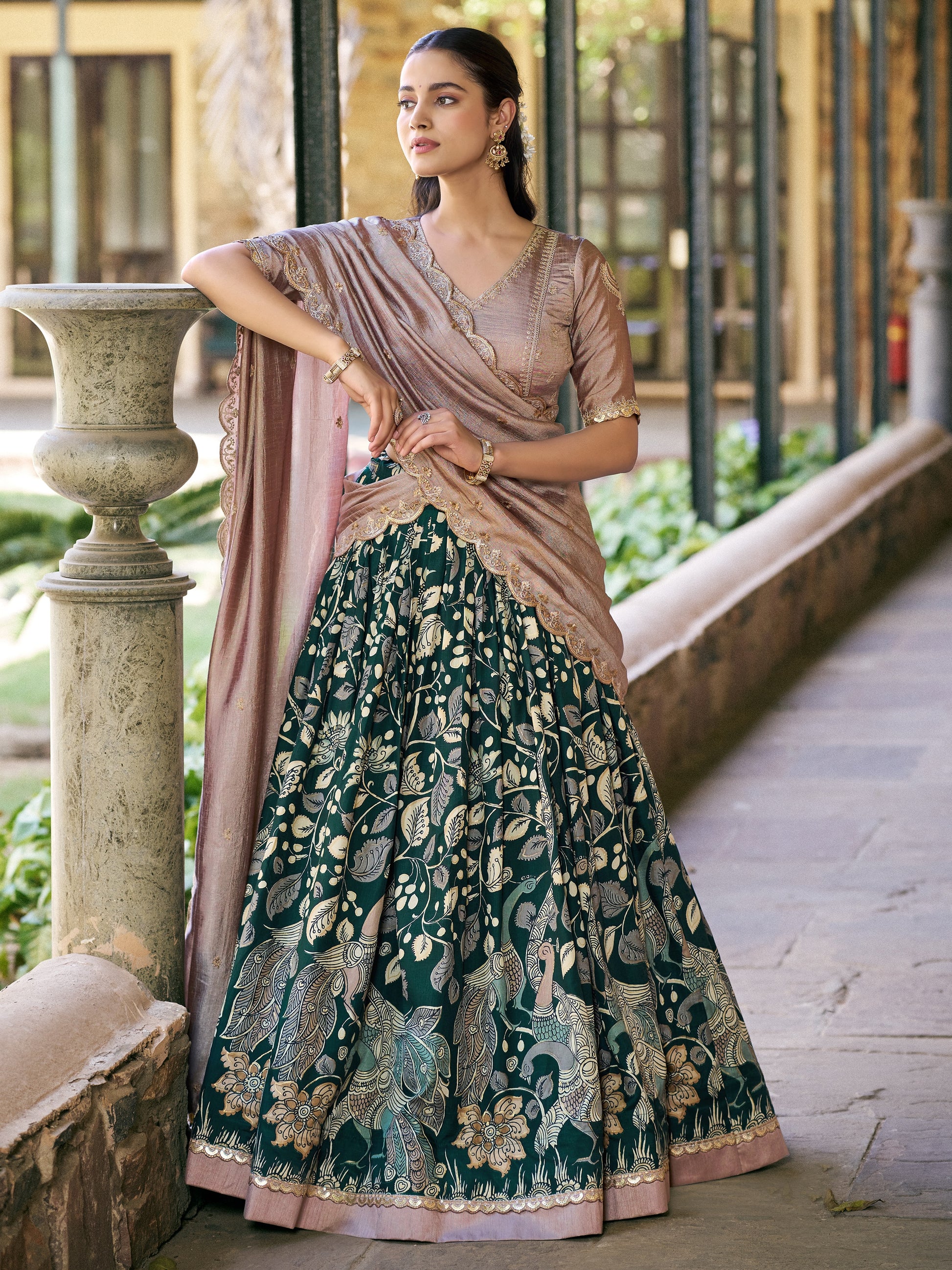 Glowing Dark Green Floral Printed Silk Function  Wear Lehenga Choli With Dupatta
