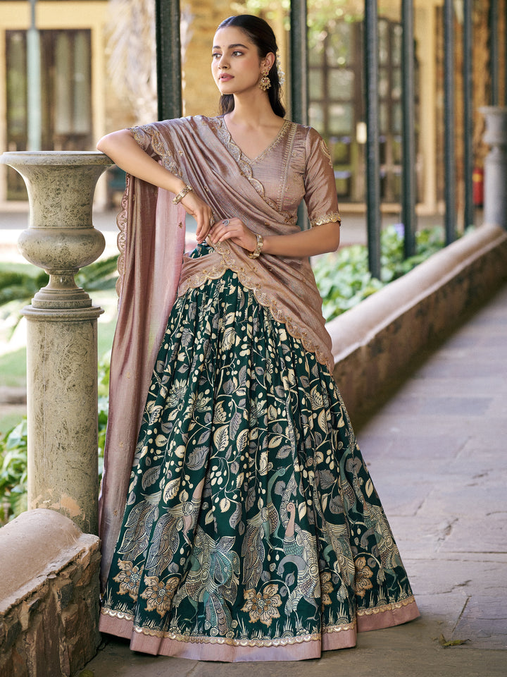 Glowing Dark Green Floral Printed Silk Function  Wear Lehenga Choli With Dupatta