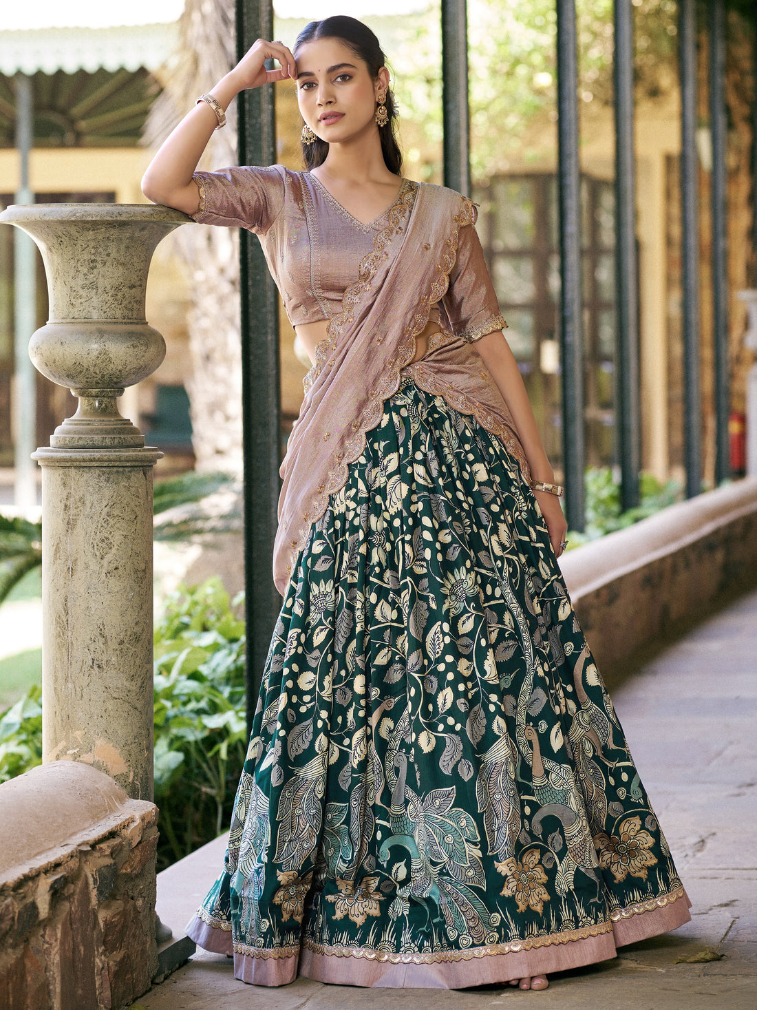 Glowing Dark Green Floral Printed Silk Function  Wear Lehenga Choli With Dupatta