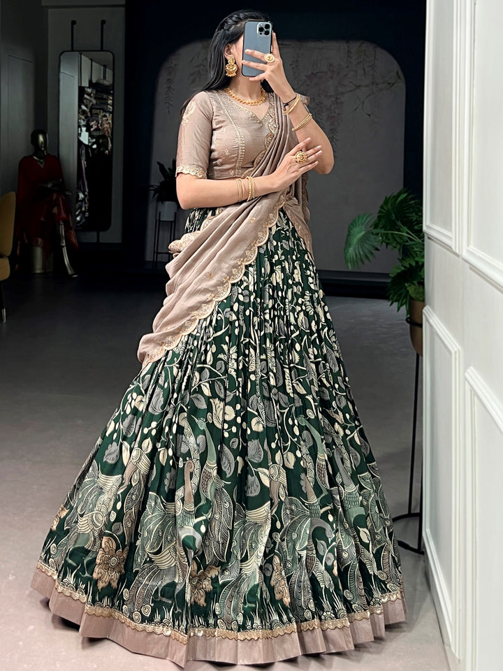 Outstanding Green Kalamkari Silk Wedding Wear Lehenga Choli