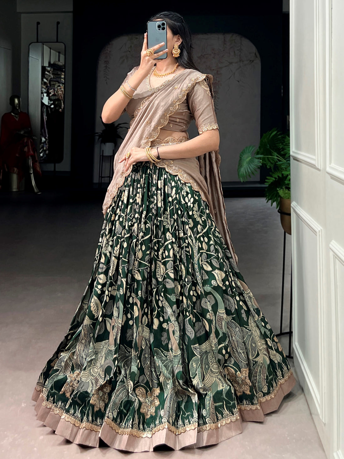 Outstanding Green Kalamkari Silk Wedding Wear Lehenga Choli