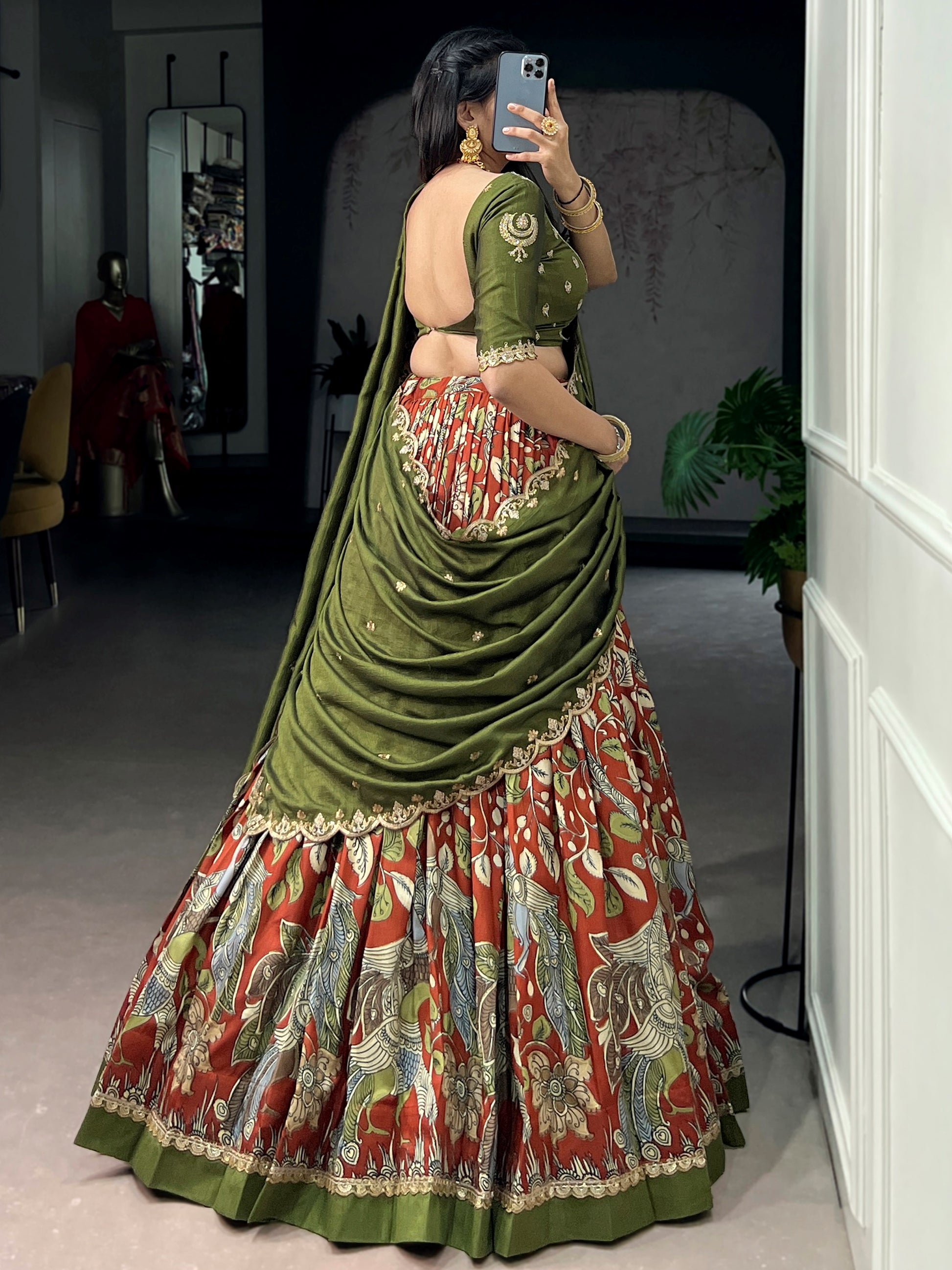 Glamorous Rust Orange Kalamkari Silk Festival Wear Lehenga Choli