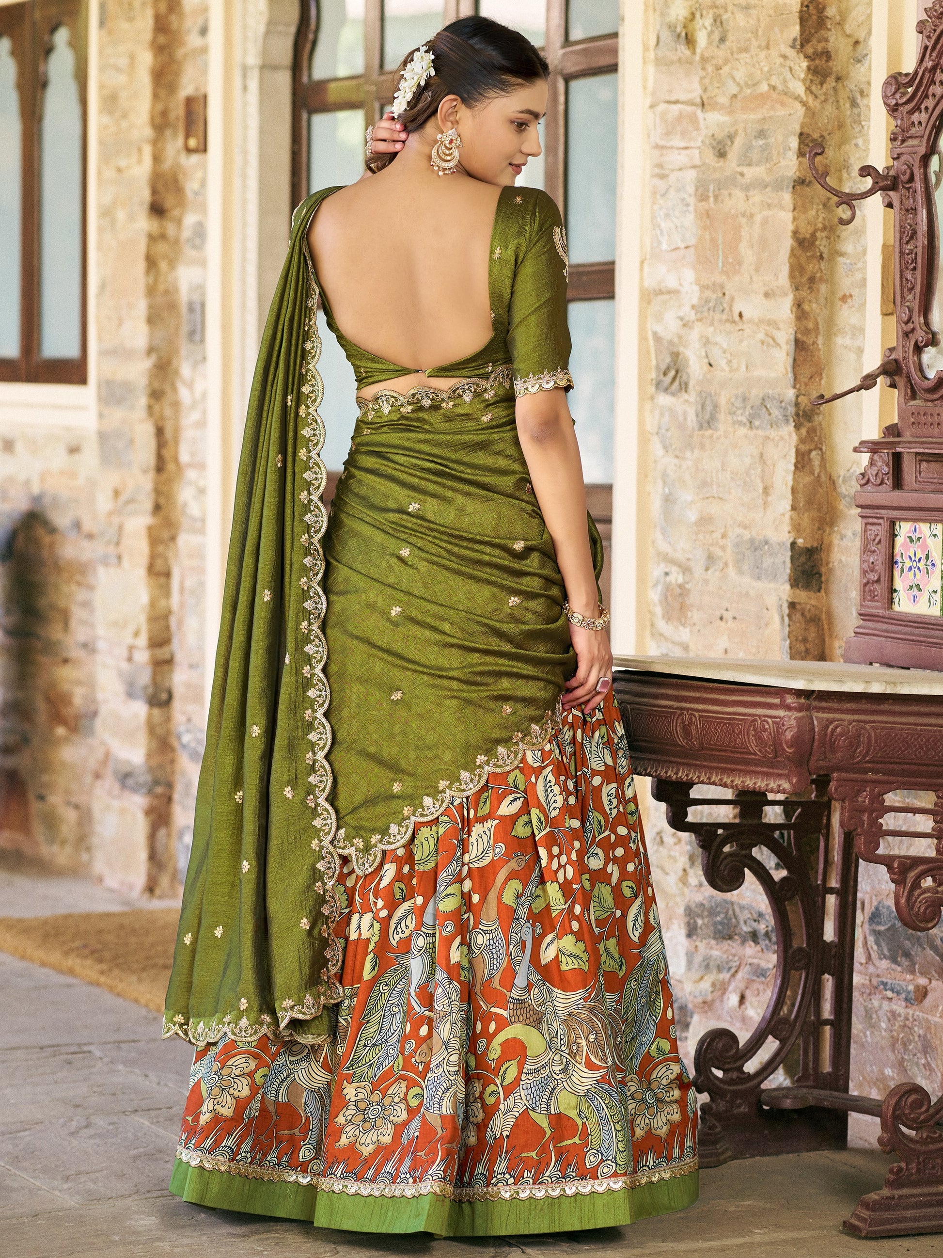 Precious Rust Orange Kalamkari printed Silk Wedding Wear Lehenga Choli With Dupatta
