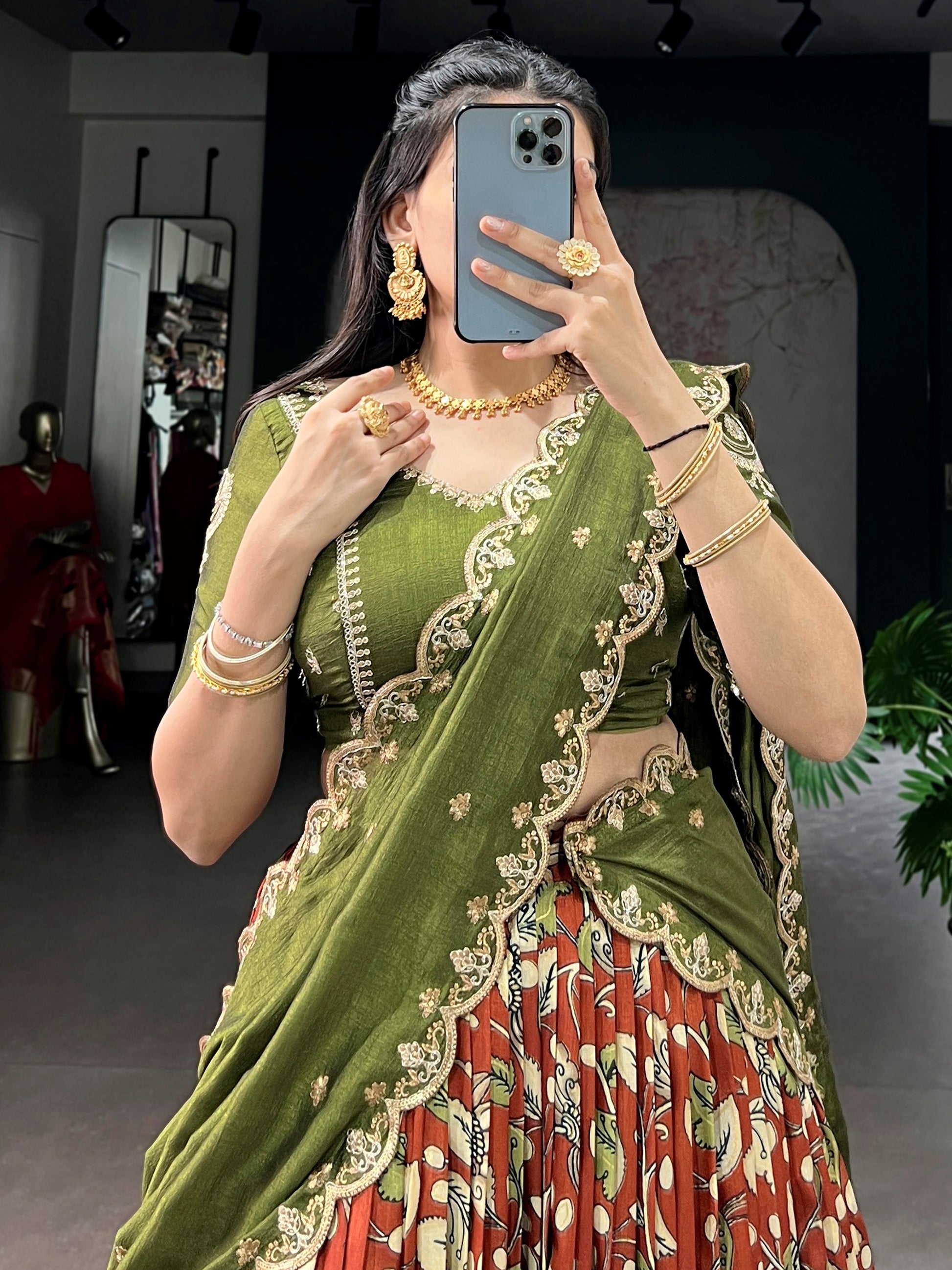 Glamorous Rust Orange Kalamkari Silk Festival Wear Lehenga Choli