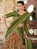 Precious Rust Orange Kalamkari printed Silk Wedding Wear Lehenga Choli With Dupatta