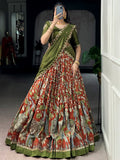 Glamorous Rust Orange Kalamkari Silk Festival Wear Lehenga Choli