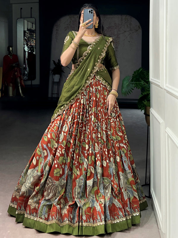 Glamorous Rust Orange Kalamkari Silk Festival Wear Lehenga Choli