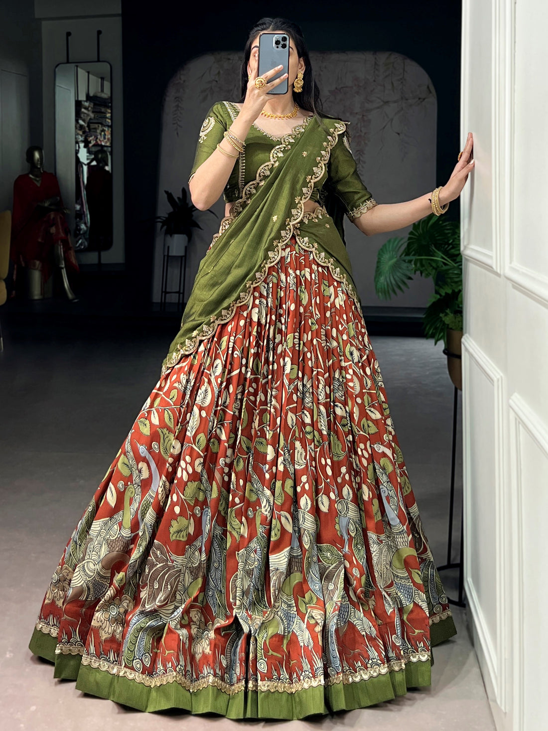 Glamorous Rust Orange Kalamkari Silk Festival Wear Lehenga Choli