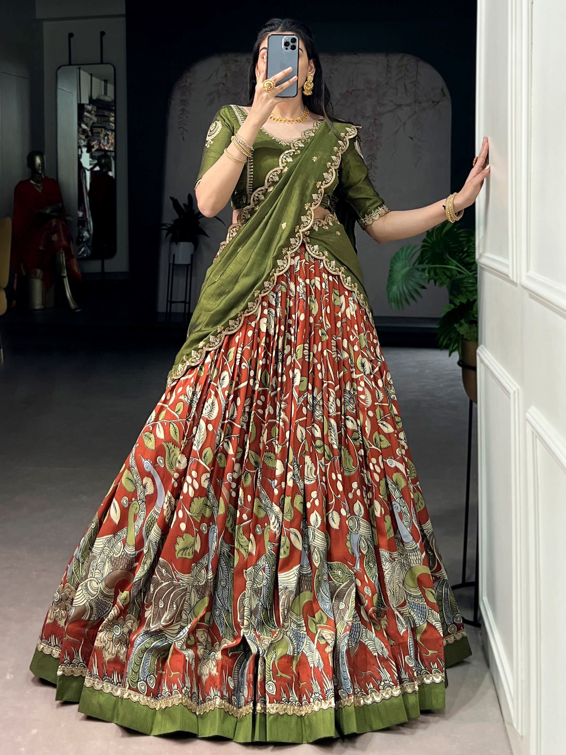 Glamorous Rust Orange Kalamkari Silk Festival Wear Lehenga Choli