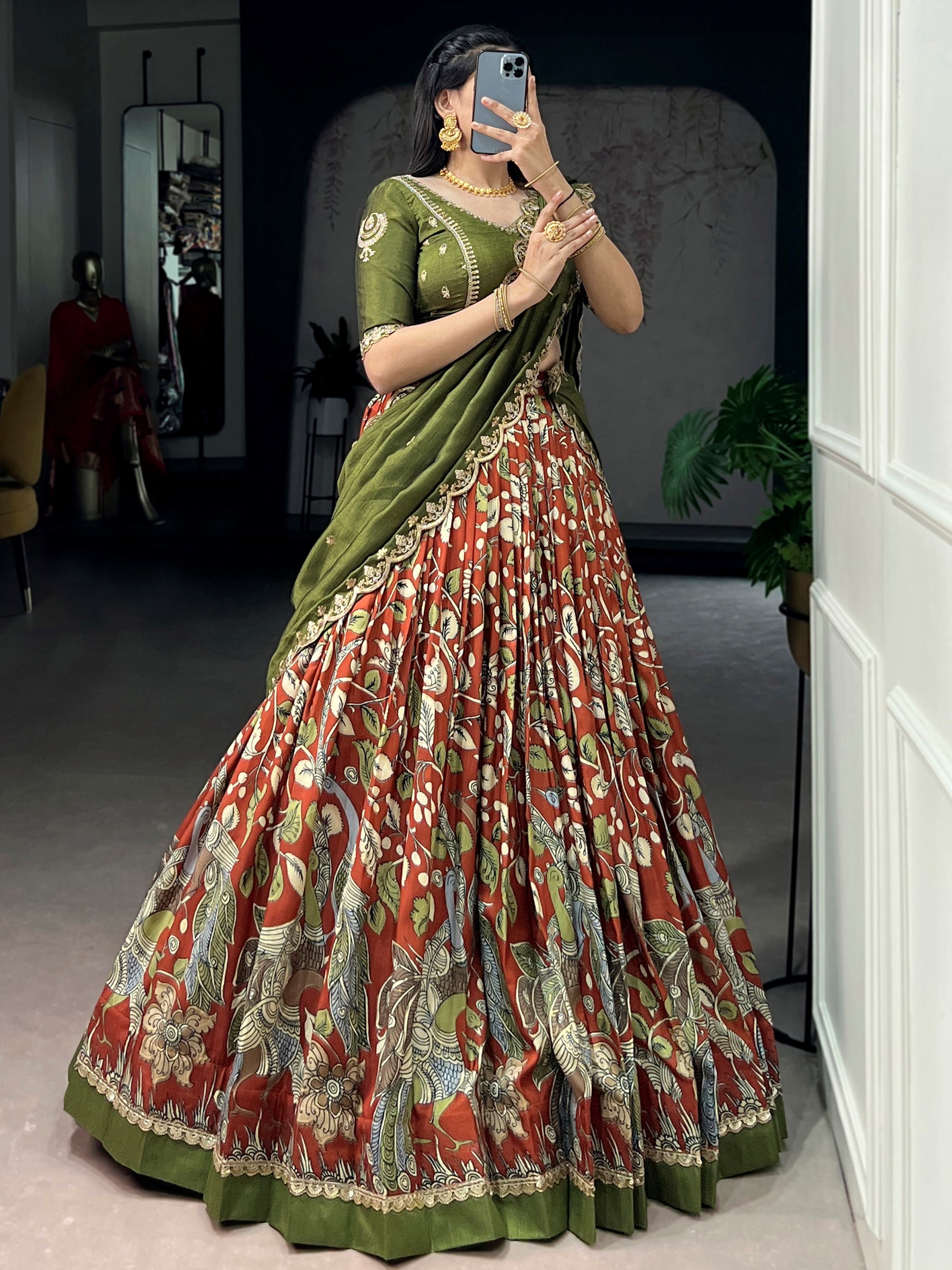 Glamorous Rust Orange Kalamkari Silk Festival Wear Lehenga Choli