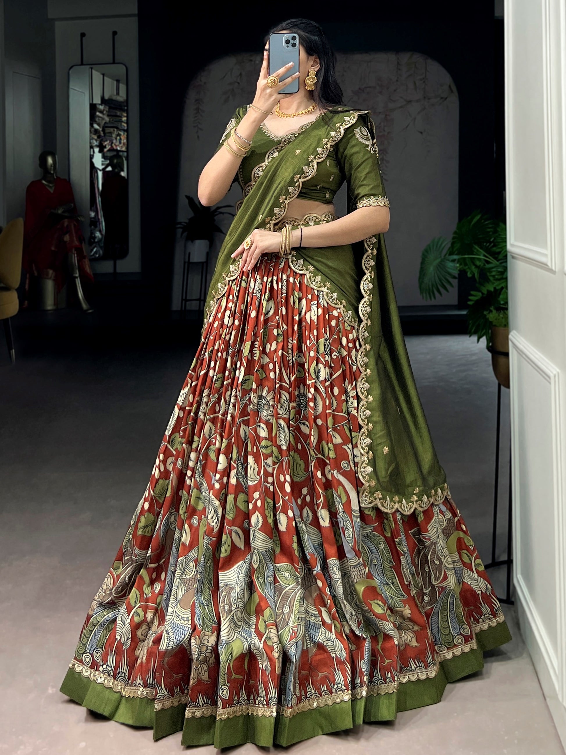 Glamorous Rust Orange Kalamkari Silk Festival Wear Lehenga Choli