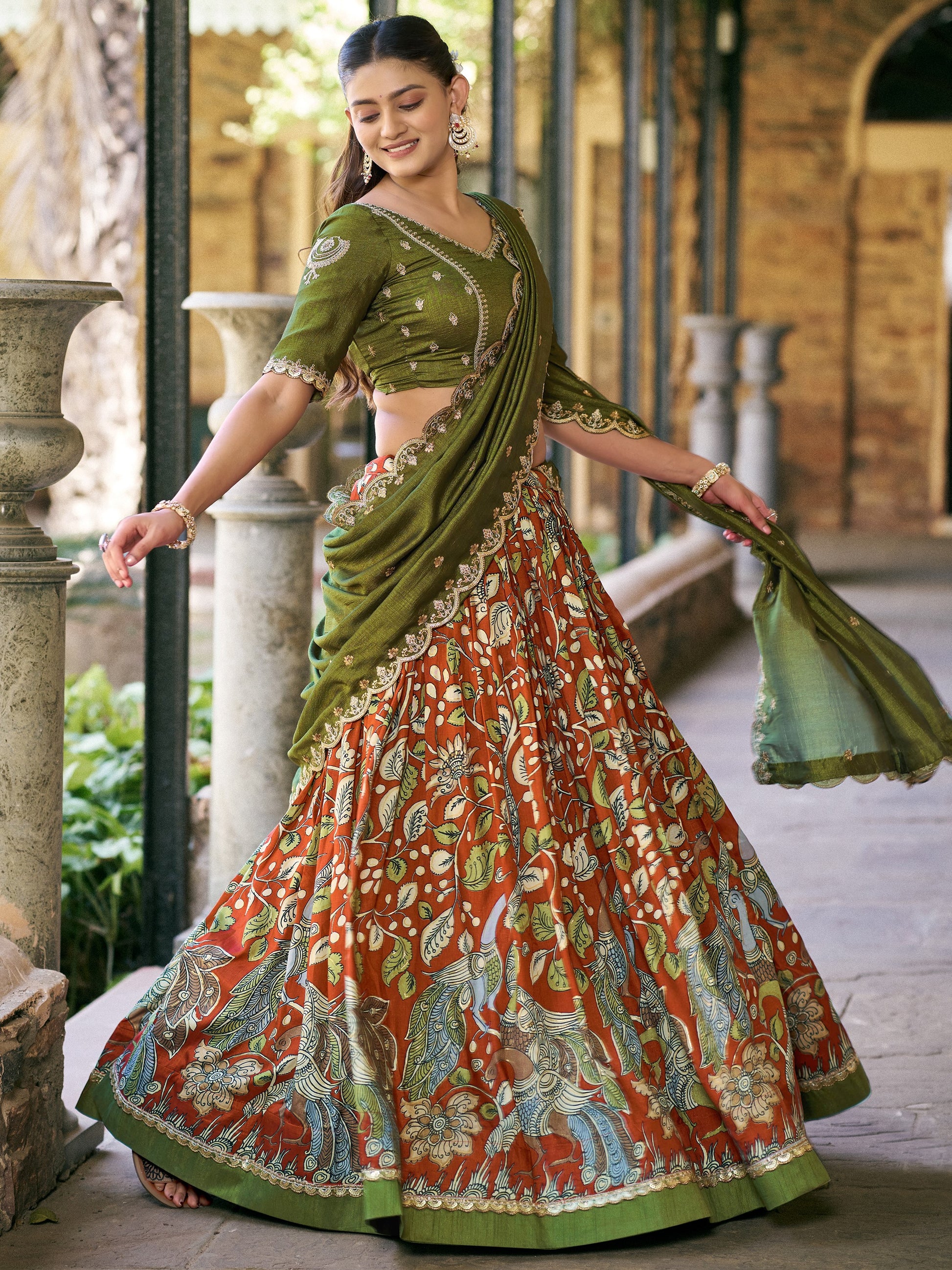 Precious Rust Orange Kalamkari printed Silk Wedding Wear Lehenga Choli With Dupatta