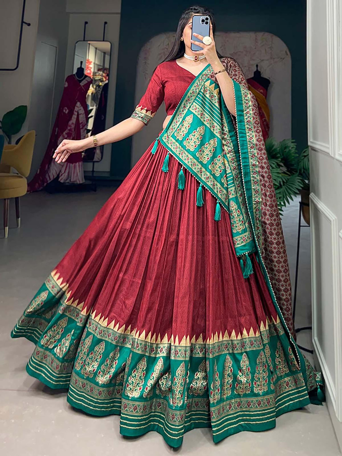 Exquisite Red Foil Print Silk Festive Wear Lehenga Choli With Dupatta
