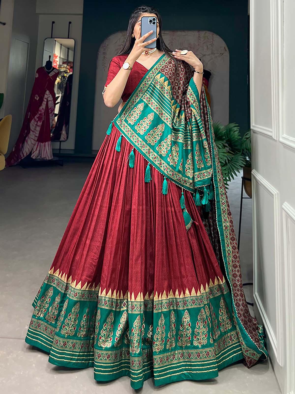 Exquisite Red Foil Print Silk Festive Wear Lehenga Choli With Dupatta