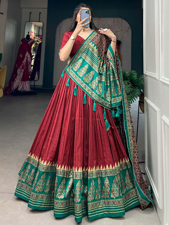 Exquisite Red Foil Print Silk Festive Wear Lehenga Choli With Dupatta