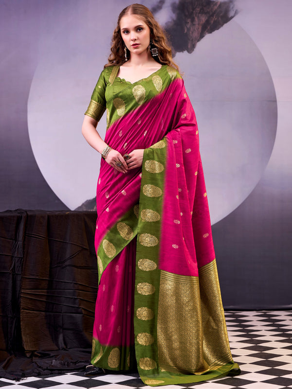 Outstanding Pink Zari Weaving Silk Wedding Wear Saree With Blouse