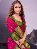 Outstanding Pink Zari Weaving Silk Wedding Wear Saree With Blouse