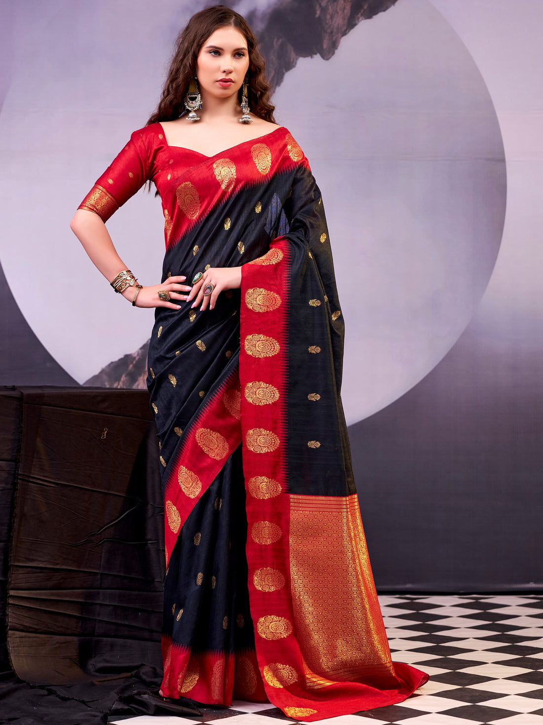 Fashionable Black Zari Weaving Cotton Festive Wear Saree With Blouse
