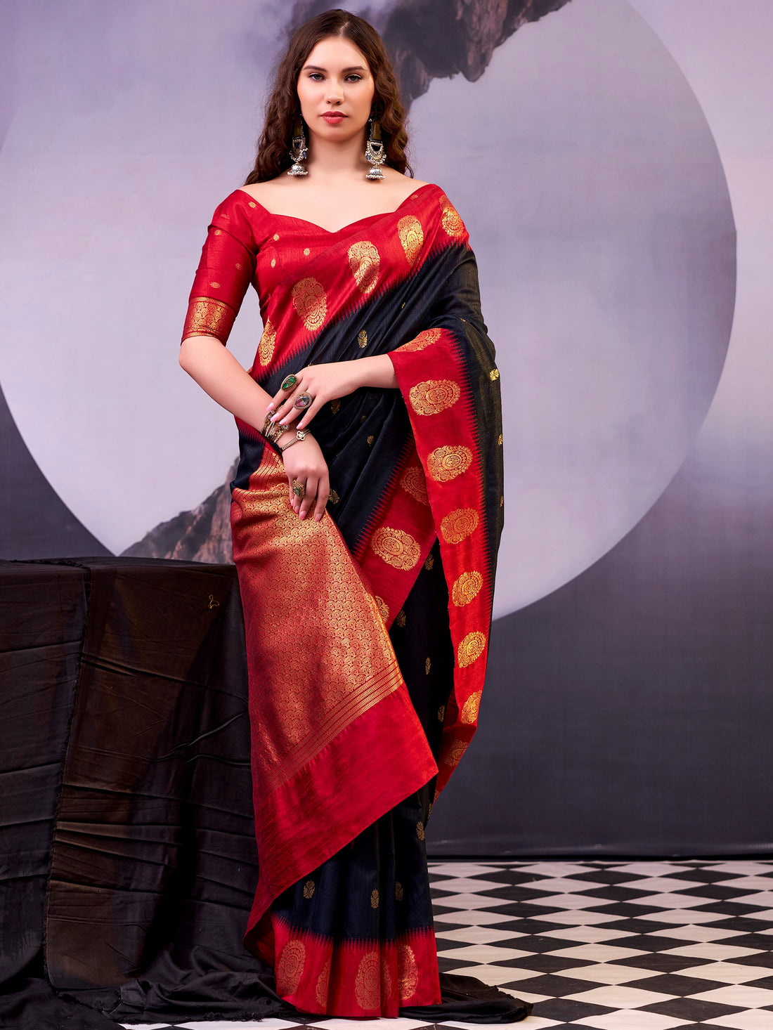 Fashionable Black Zari Weaving Cotton Festive Wear Saree With Blouse