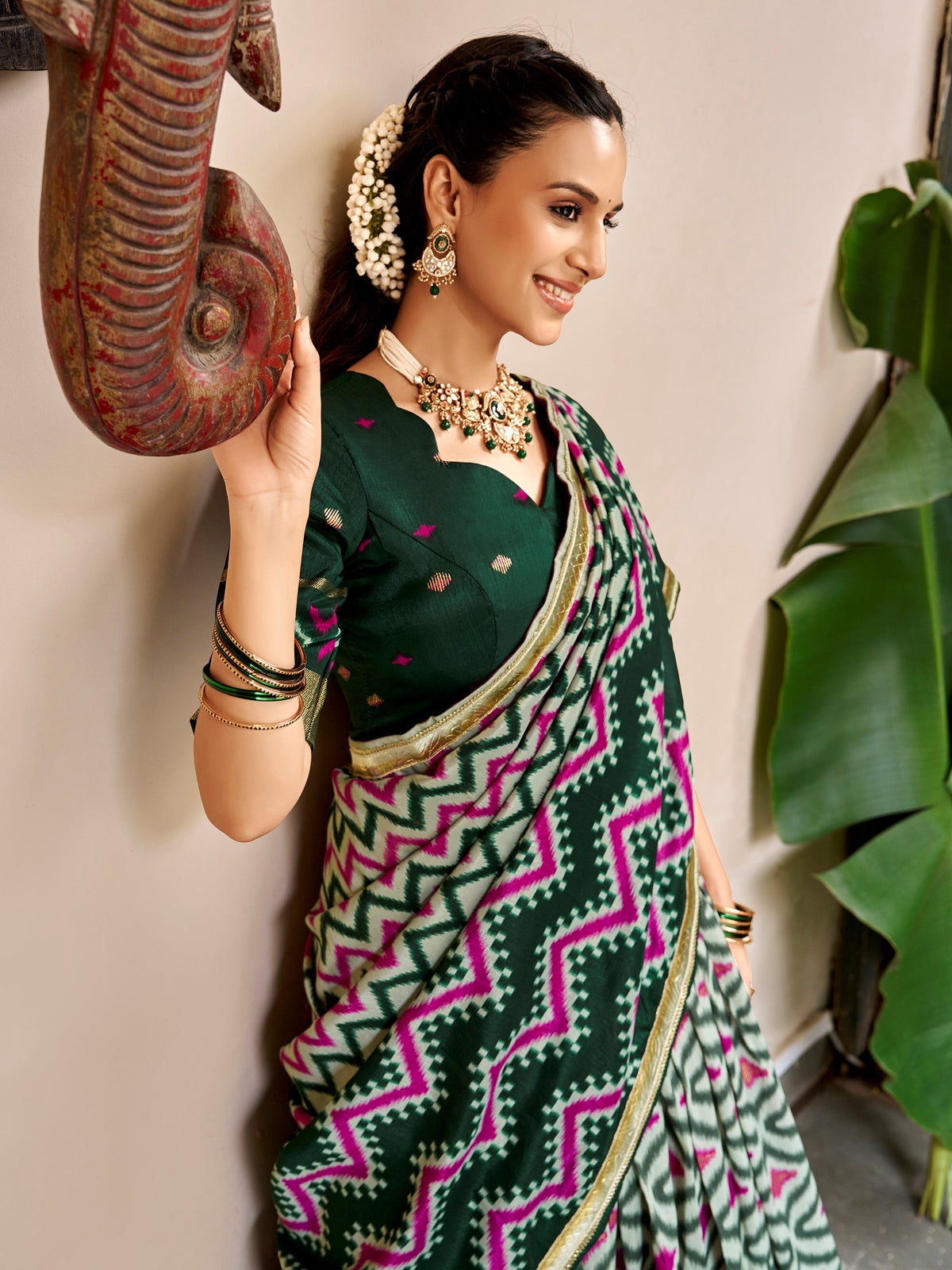 Heritage Green Ikat Print Silk Festival Wear Lehenga Choli