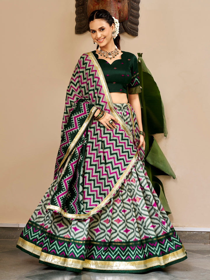 Heritage Green Ikat Print Silk Festival Wear Lehenga Choli