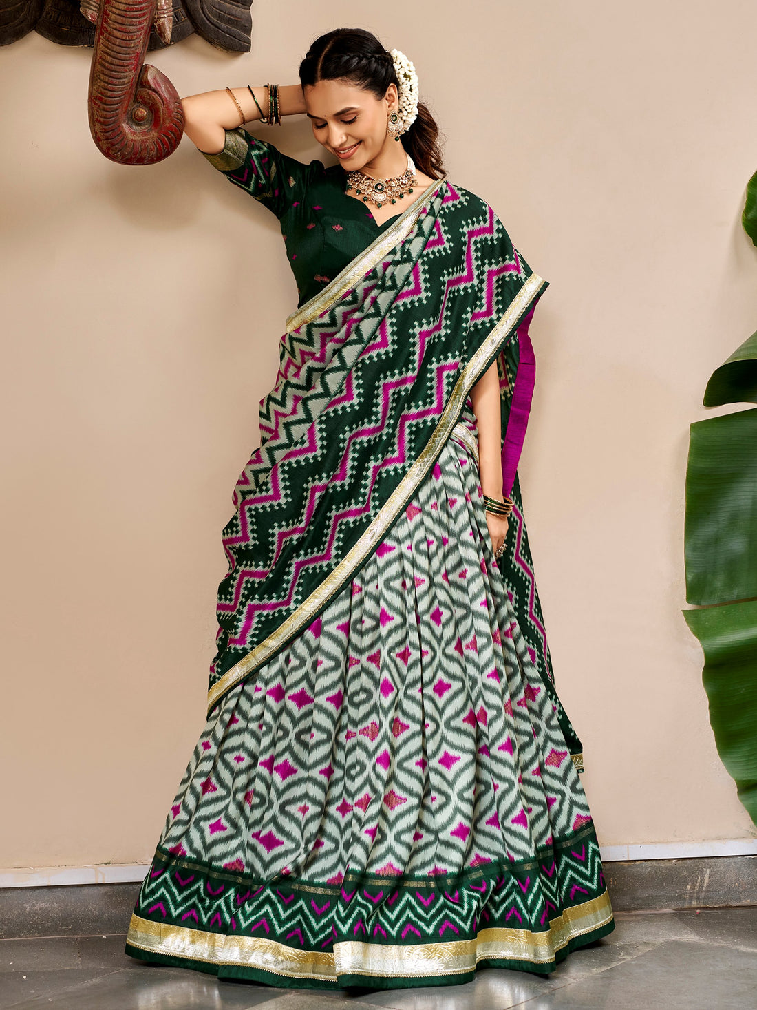 Heritage Green Ikat Print Silk Festival Wear Lehenga Choli
