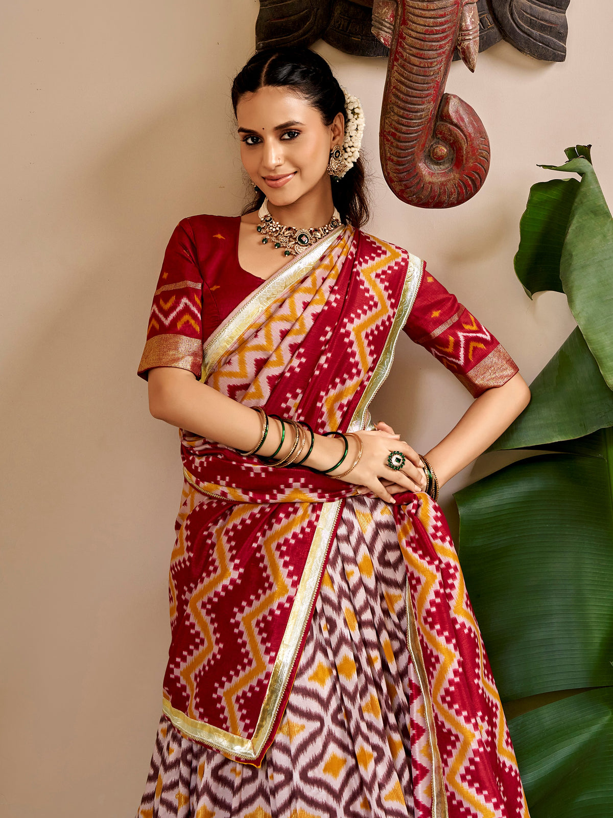 Classic Maroon Ikat Print Silk Festival Wear Lehenga Choli