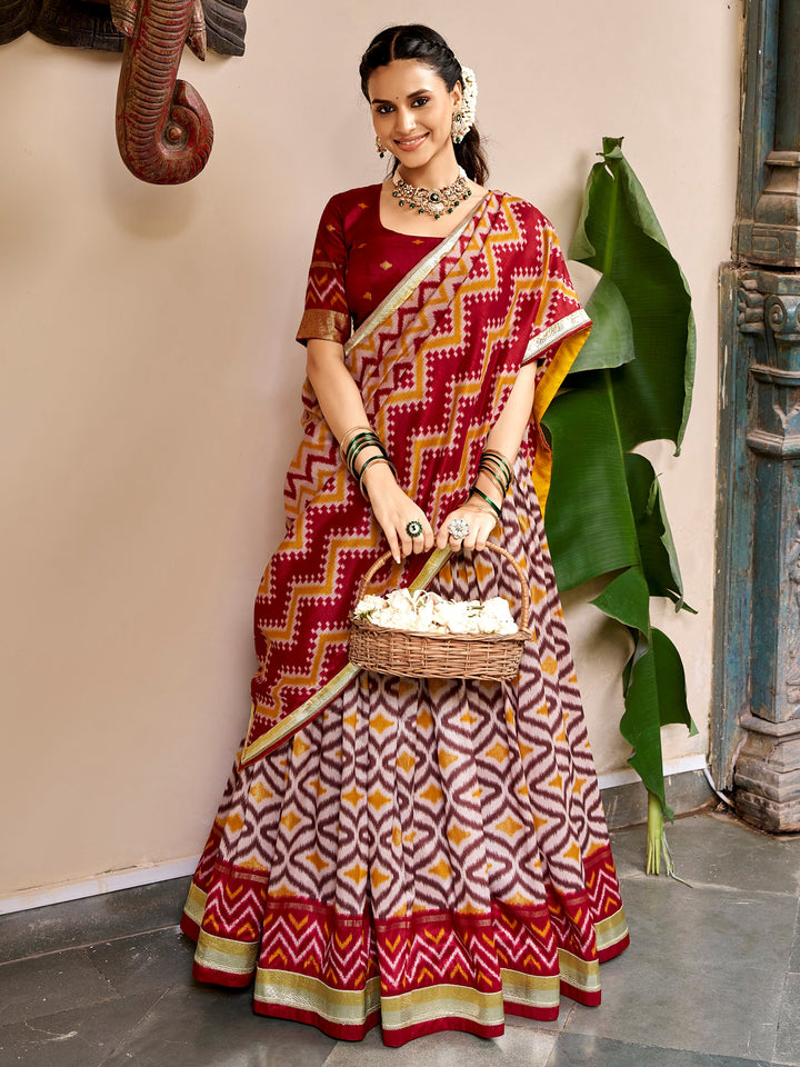 Classic Maroon Ikat Print Silk Festival Wear Lehenga Choli