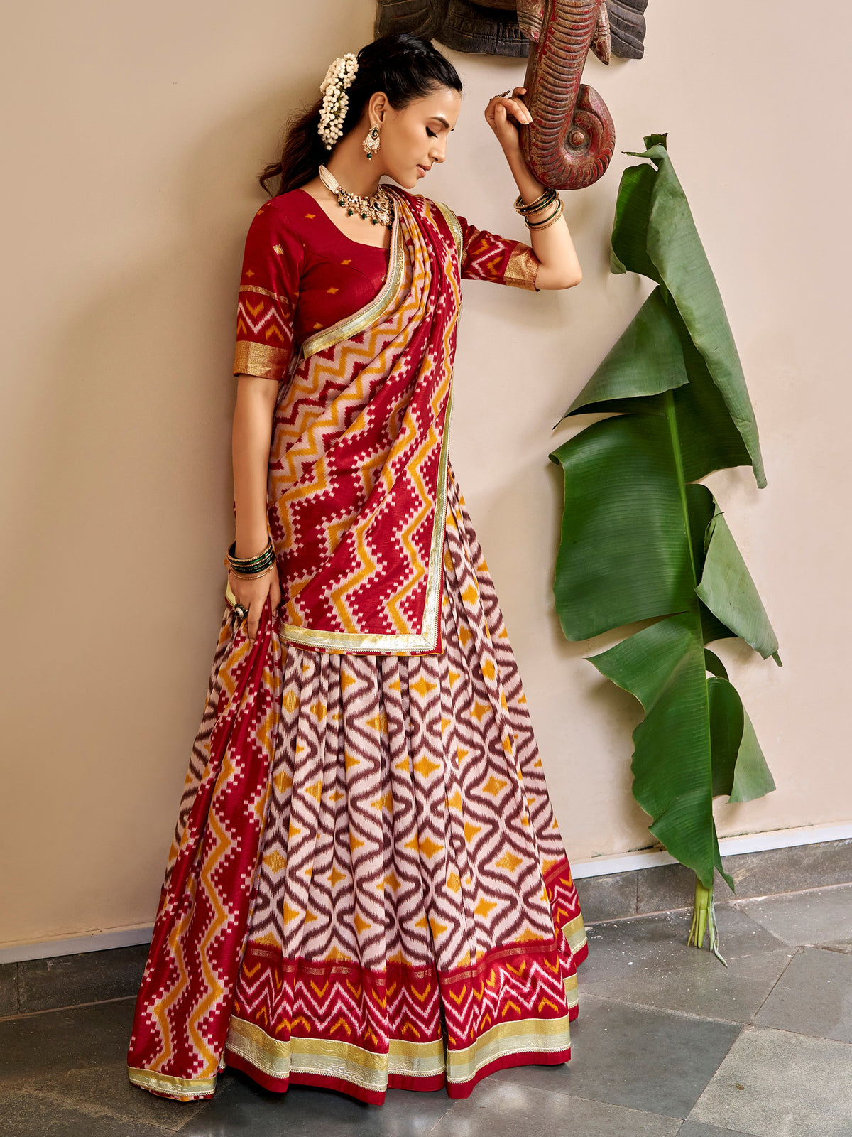 Classic Maroon Ikat Print Silk Festival Wear Lehenga Choli