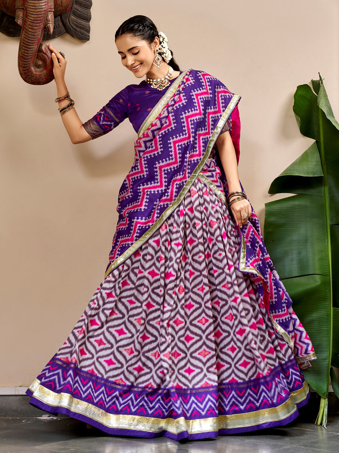 Royal Purple Ikat Print Silk Festival Wear Lehenga Choli