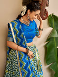 Sparkling Sky Blue Ikat Print Silk Navratri Wear Lehenga Choli