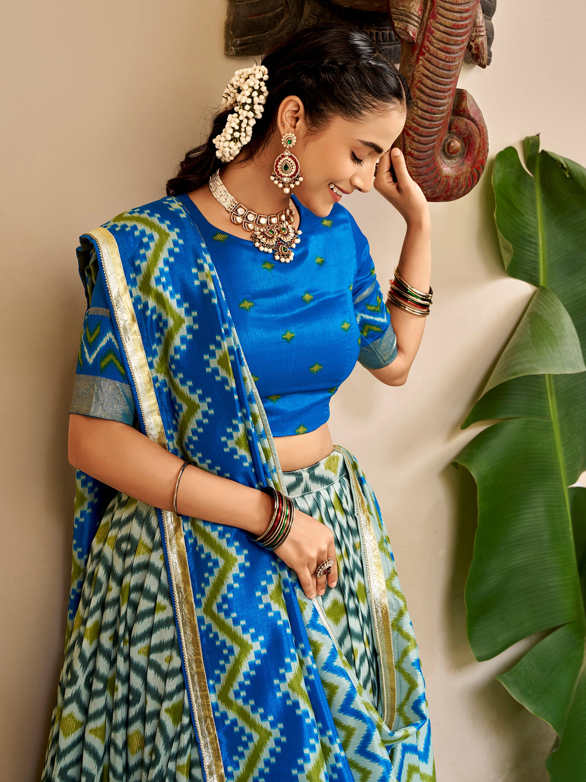 Sparkling Sky Blue Ikat Print Silk Navratri Wear Lehenga Choli