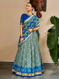 Sparkling Sky Blue Ikat Print Silk Navratri Wear Lehenga Choli