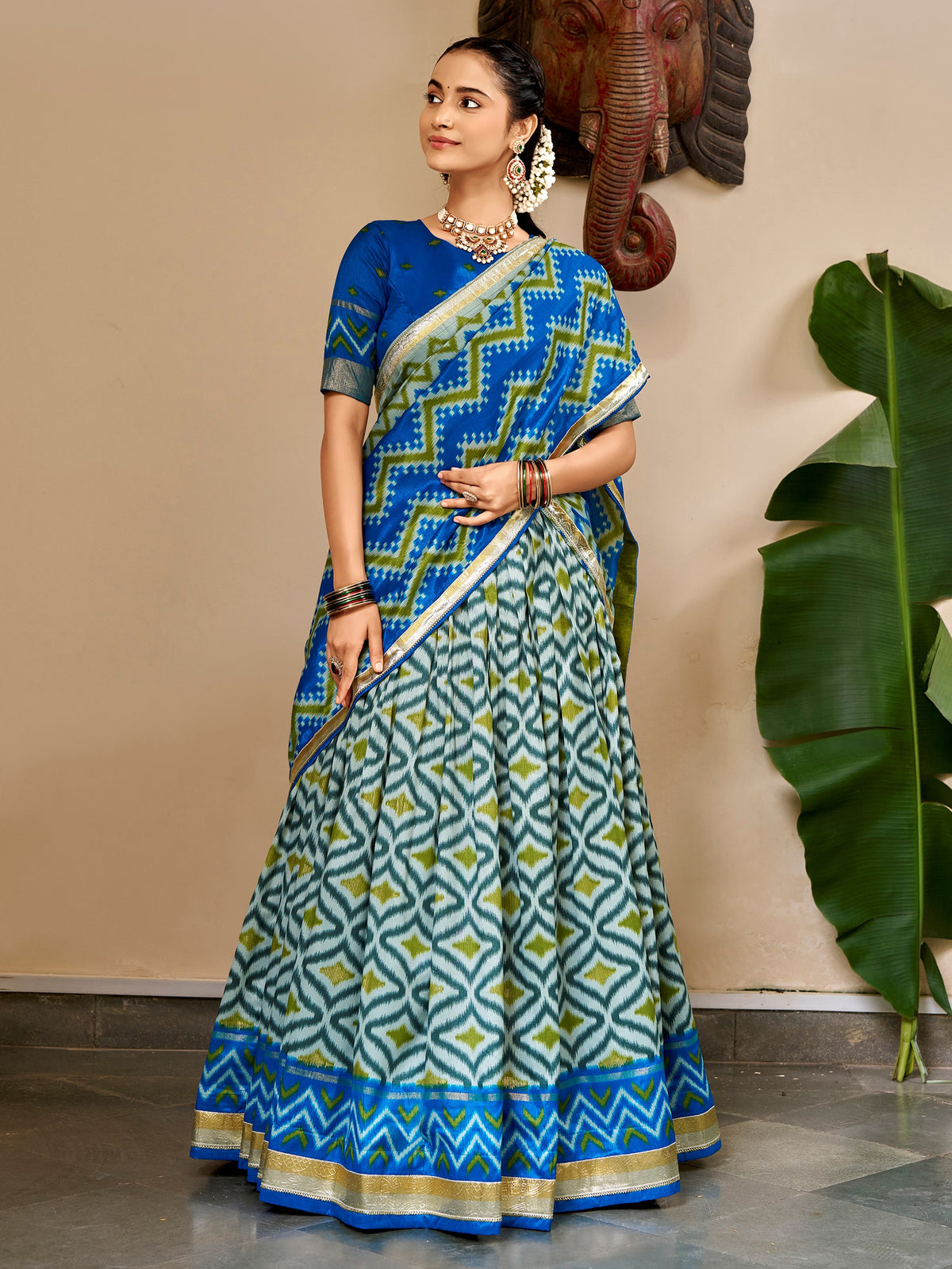 Sparkling Sky Blue Ikat Print Silk Navratri Wear Lehenga Choli