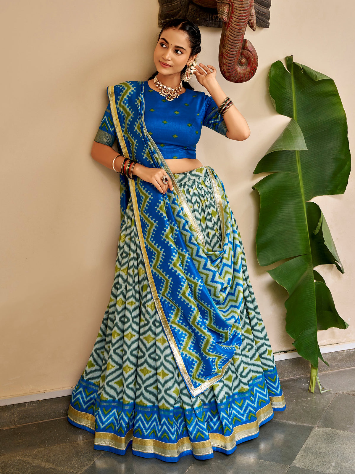 Sparkling Sky Blue Ikat Print Silk Navratri Wear Lehenga Choli
