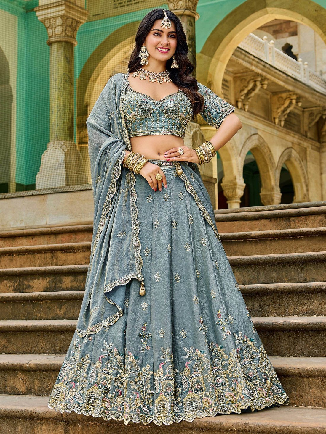 Astonishing Grey Bead Embroidery Crush Silk Event Wear Lehenga With Blouse