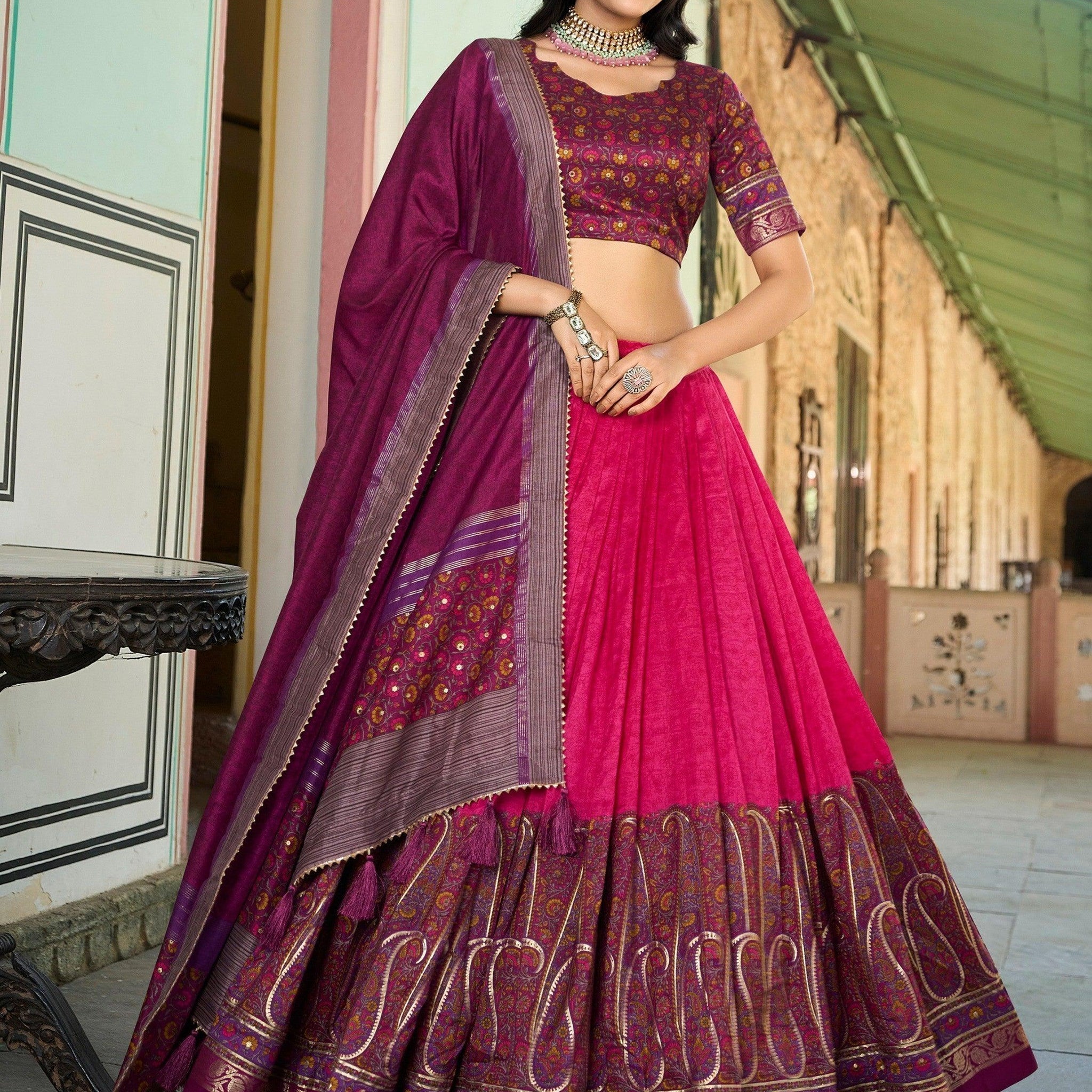 Exquisite Pink Foil Printed Tussar Silk Function Wear Lehenga Choli