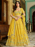 Spectacular Yellow Mirror Embroidery Crush Silk Haldi Wear Lehenga Choli
