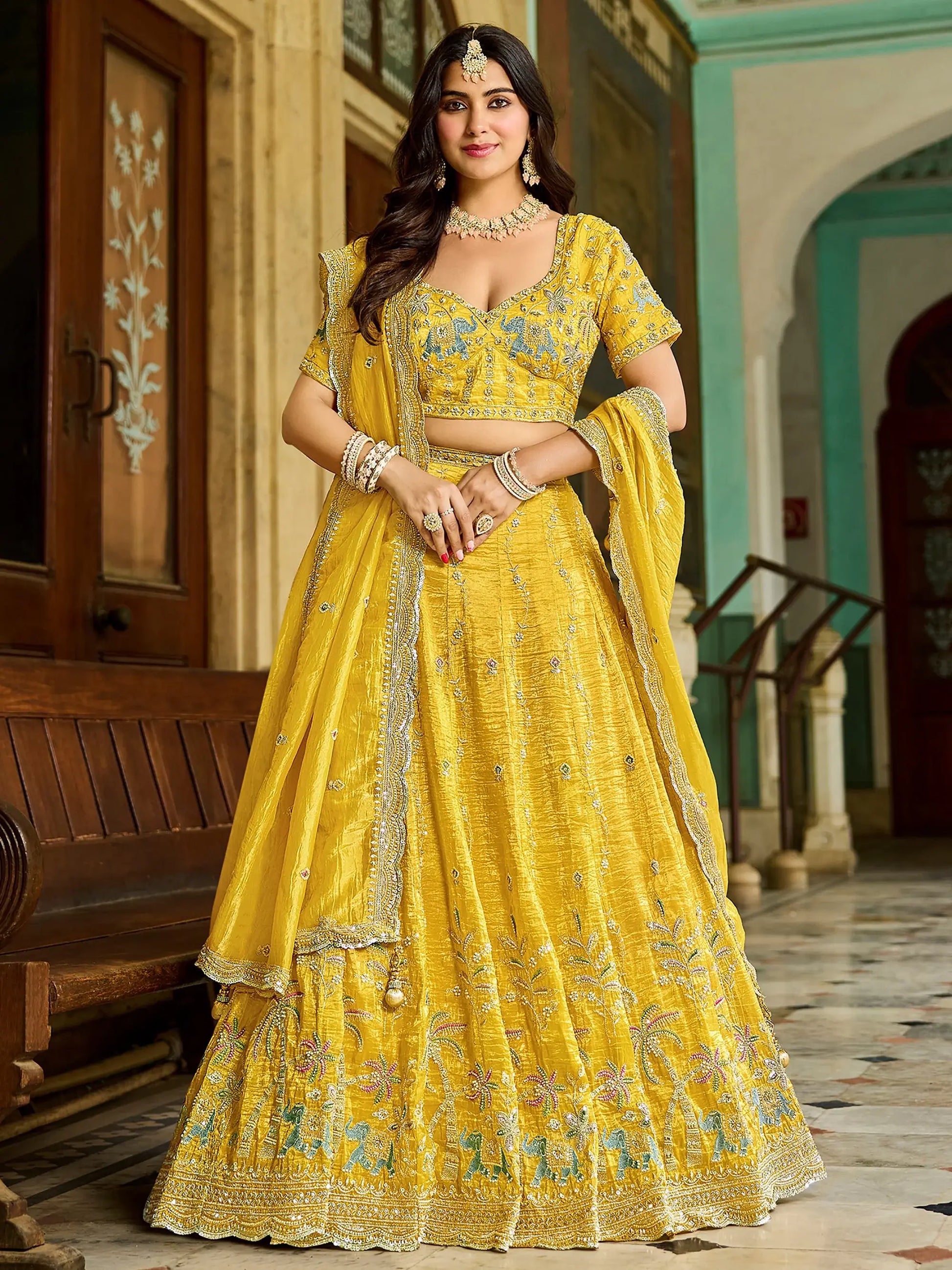 Spectacular Yellow Mirror Embroidery Crush Silk Haldi Wear Lehenga Choli