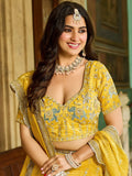 Spectacular Yellow Mirror Embroidery Crush Silk Haldi Wear Lehenga Choli